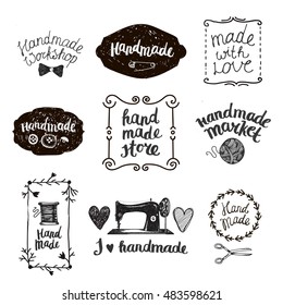 Vector set of hand drawn doodle frames, badges. Handmade, workshop, hand made shop graphic design set. Arts and crafts, sewing elements, icons, logos, badges set isolated, lettering