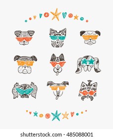 Vector Set of Hand Drawn Doodle Cute Stylish Trendy Hipster Dogs with sunglasses