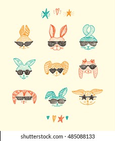 Vector Set of Hand Drawn Doodle Cute Stylish Trendy Hipster Rabbits with sunglasses