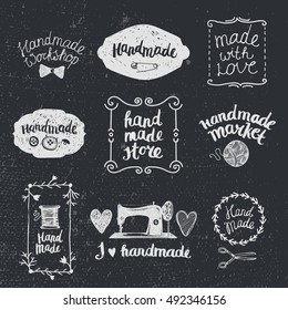 Vector set of hand drawn doodle frames, badges. Handmade, workshop, hand made shop graphic design set. Arts and crafts, sewing elements, icons, logos, badges set isolated, lettering