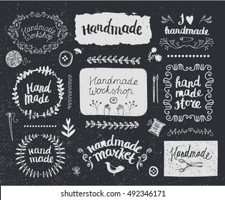 Vector set of hand drawn doodle frames, badges. Handmade, workshop, hand made shop graphic design set. Arts and crafts, sewing elements, icons, logos, badges set isolated, lettering