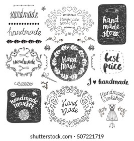 Vector set of hand drawn doodle frames, badges. Handmade, workshop, hand made shop graphic design set. Arts and crafts, sewing elements, icons, logos, badges set isolated, lettering