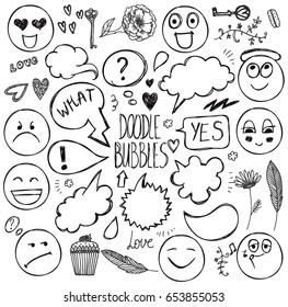 Vector set of hand drawn doodle bubbles, faces, moods, flowers, keys and other design elements. May be used as stickers