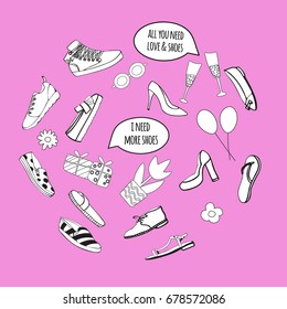a vector set of hand drawn doodle shoes collection; cute badges; footwear fun cartoon icons design with bubble speeches about shoes; black and white; isolated