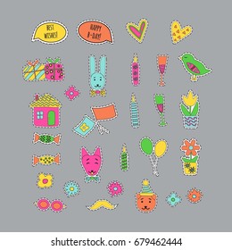 a vector set of hand drawn doodle stickers or patches in kids cartoon style for nursery or birthday; cute colorful badges; children fun  icons design 