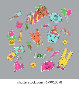 a vector set of hand drawn doodle stickers or patches in kids cartoon style for nursery or birthday; cute colorful badges; children fun  icons design 