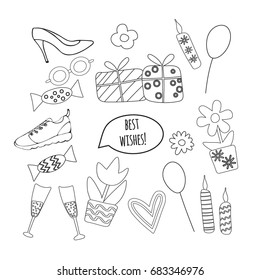 a vector set of hand drawn doodle design elements in kids cartoon style for nursery or birthday; cute  badges; children fun  icons design 