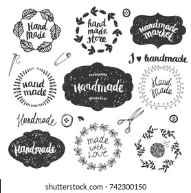 Vector set of hand drawn doodle frames, badges. Handmade, workshop, hand made shop graphic design set. Arts and crafts, sewing elements, icons, logos, badges set isolated, lettering