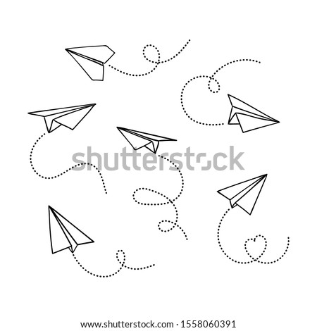 Vector set of hand drawn doodle paper airplane isolated on white background. Line icon symbol of travel and route. 