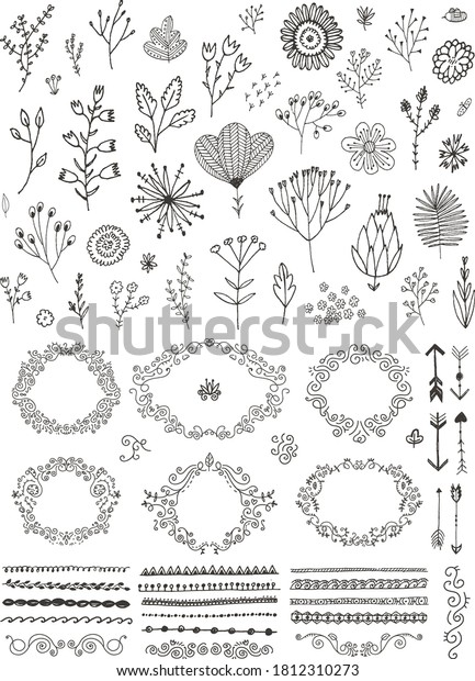 Vector set of\
hand drawn doodle flowers, florals, leaves. Line drawing. Graphic\
collection with fantasy field herbs. Botanical elements for design.\
Wreaths, laurels, dividers,\
frames