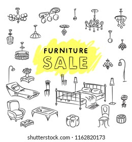 Vector set with hand drawn doodles of furniture and chandeliers isolated on white background. Sale banner template