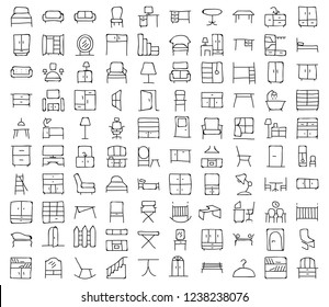 Vector set with hand drawn doodles of furniture, decorative elements and repair attributes.