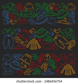 Vector set of hand drawn doodles of fashionable clothes and accessories for men, women and children. Sketches for use in design