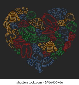 Vector set of hand drawn doodles of fashionable clothes and accessories for men, women and children. Sketches for use in design