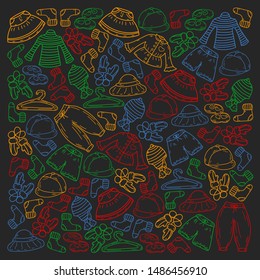 Vector set of hand drawn doodles of fashionable clothes and accessories for men, women and children. Sketches for use in design