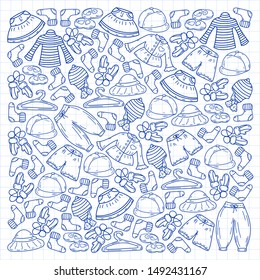 Vector set of hand drawn doodles of fashionable clothes and accessories for men, women and children. Sketches for use in design