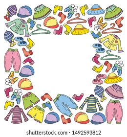 Vector set of hand drawn doodles of fashionable clothes and accessories for men, women and children. Sketches for use in design