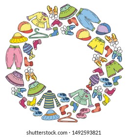 Vector set of hand drawn doodles of fashionable clothes and accessories for men, women and children. Sketches for use in design