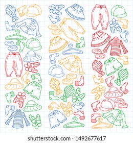 Vector set of hand drawn doodles of fashionable clothes and accessories for men, women and children. Sketches for use in design