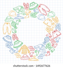 Vector set of hand drawn doodles of fashionable clothes and accessories for men, women and children. Sketches for use in design