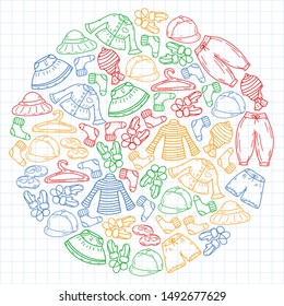 Vector set of hand drawn doodles of fashionable clothes and accessories for men, women and children. Sketches for use in design