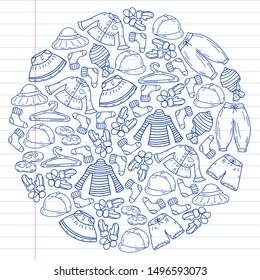 Vector set of hand drawn doodles of fashionable clothes and accessories for men, women and children. Sketches for use in design
