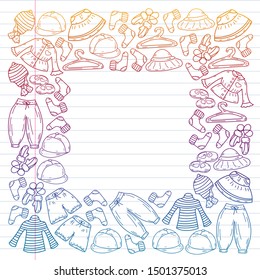 Vector set of hand drawn doodles of fashionable clothes and accessories for men, women and children. Sketches for use in design