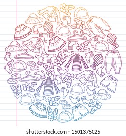 Vector set of hand drawn doodles of fashionable clothes and accessories for men, women and children. Sketches for use in design