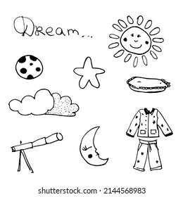 Vector set of hand drawn doodles sleepy story.