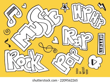 Vektorset von handgezeichneten Doodles zum Thema Musik mit Musiknotizen und Schriften.