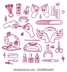 Vector set of hand drawn doodles on the theme of manicure on white background. Sketches for use in design. Hand, nail file, oil, manicure machine, scissors, palette, polish