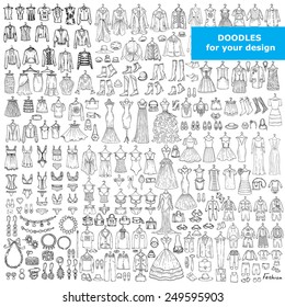 Vector set of hand drawn doodles of fashionable clothes and accessories  for men, women and children. Sketches for use in design