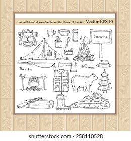 Vector set of hand drawn doodles on the theme of tourism on white background. Sketches for use in design
