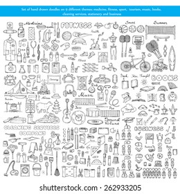 Vector set of hand drawn doodles on 9 different theme - medicine, fitness, sport, tourism, music, books, cleaning services, stationery and business. Sketches for use in design