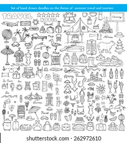 Vector set of hand drawn doodles on the theme of summer travel and tourism on white background. Sketches for use in design
