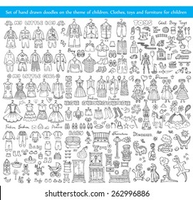 Vector set of hand drawn doodles on the theme of children on white background. Clothes, toys and furniture for children. Sketches for use in design