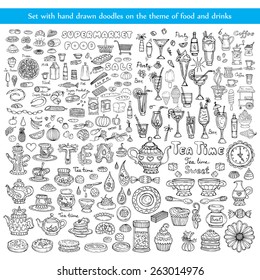 Vector set with hand drawn doodles on the theme of food and drinks on white background. Sketches for use in design