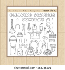 Vector set with hand drawn doodles of cleaning services on white background. Sketches for use in design
