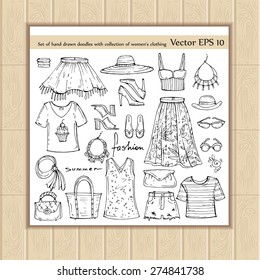 Vector set of hand drawn doodles with collection of women's clothing on white background. Sketches for use in design