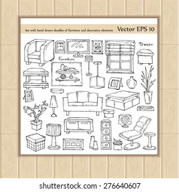 Vector set with hand drawn doodles of furniture and decorative elements on white background. Sketches for use in design