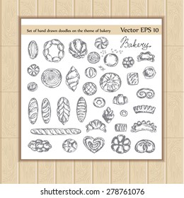 Vector set of hand drawn doodles on the theme of bakery with fresh pastries on white background. Sketches for use in design