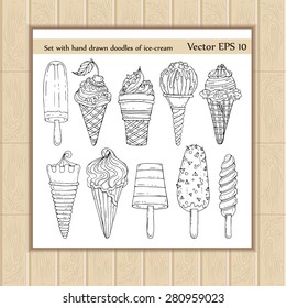 Vector set with hand drawn doodles of ice-cream on white background. Sketches for use in design