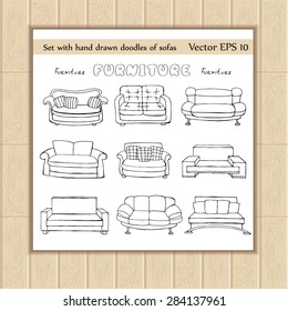 Vector set with hand drawn doodles of sofas on white background. Set with isolated upholstered furniture. Sketches for use in design