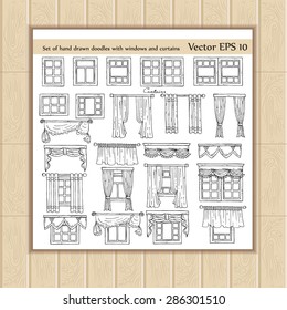 Vector set of hand drawn doodles with windows and curtains on white background. Sketches for use in design