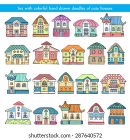 Vector set with hand drawn doodles of cute colorful houses and buildings on white background. Sketches for use in design