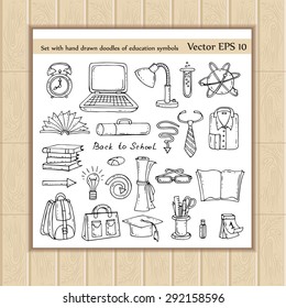 Vector set with hand drawn doodles of education symbols on white background. Doodles of computer, book, briefcase, glasses, alarm clock, stationery, lamps, clothes. Sketches for use in design
