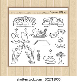 Vector set of hand drawn doodles on the theme of hookah. Illustrations of sofas, hookah, fruits, lighting. Sketches for use in design