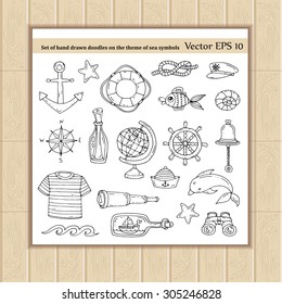 Vector set of hand drawn doodles on the theme of sea symbols. Isolated illustrations. Sketches for use in design, web site, packing, textile, fabric