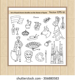 Vector set of hand drawn doodles on the theme of Spain. Illustrations of Spain symbols. Sketches for use in design, web site, packing, textile, fabric