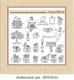 Vector set of hand drawn doodles on the theme of Halloween. Illustrations of Halloween  isolated symbols on white color. Sketches for use in design, web site, packing, textile, fabric